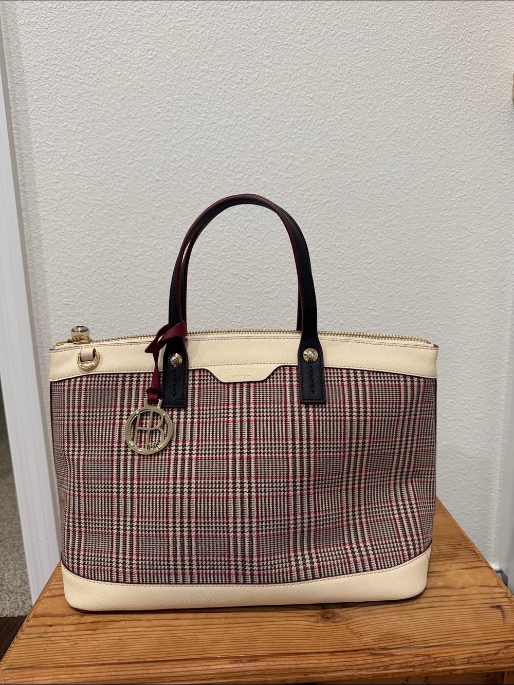 henri bendel Cream Trim Plaid Tote with Black Handles and Red Accents